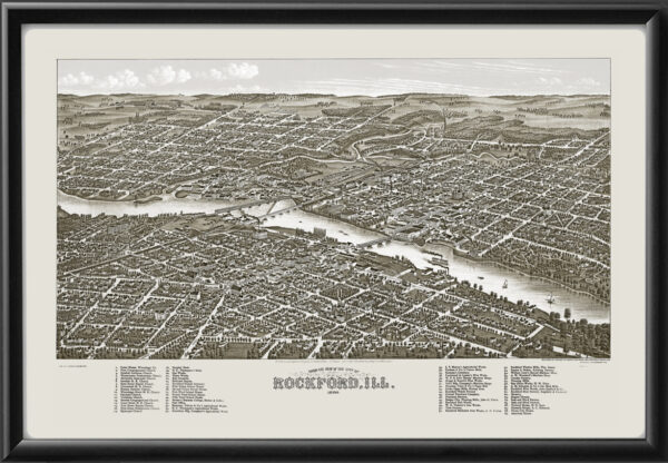 Rockford IL 1880 Albert Ruger - JJStonerTM Birdseye View Map