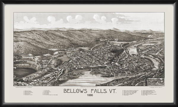 Bellows Fallt VT 1886 LBurleigh TM Birds Eye View Map