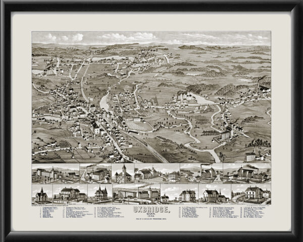 Uxbridge MA 1880 EHBigelow Beck&Pauli Tm Bird's Eye View Map
