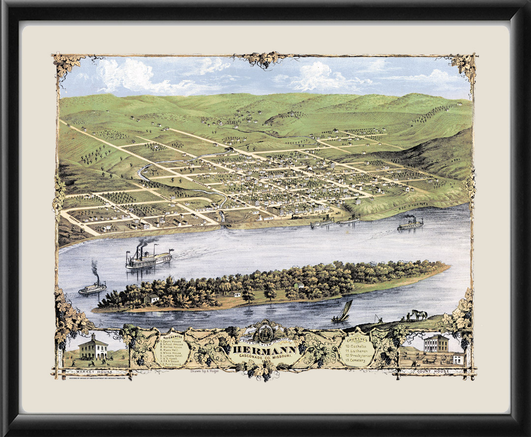 1869 Hermann Missouri Vintage Old Panoramic City Map 16x20 