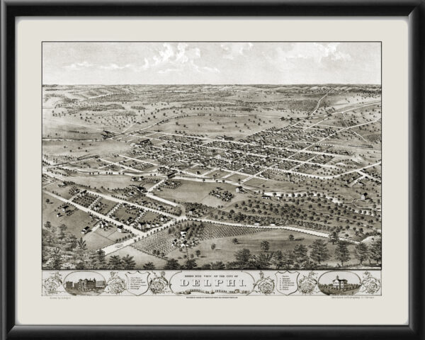 Delphi IN 1868 Alber Ruger TM Bird's Eye View Map