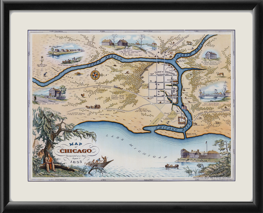 20x28 Map of Chicago 1833 Settlement Vintage Style Centennial Map 