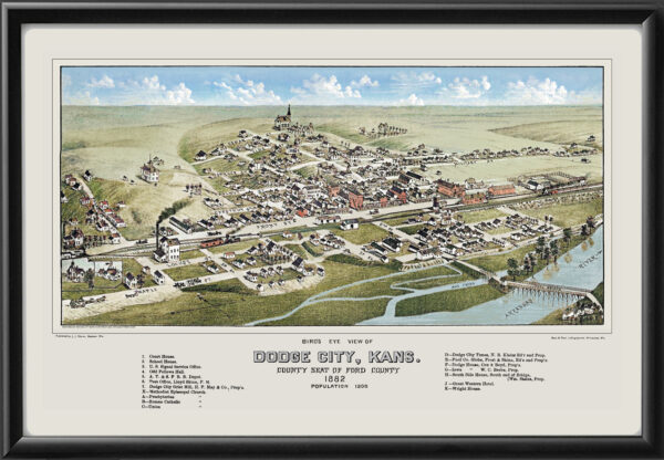 Dodge City KS 1882 Color JJ Stoner TM Birds Eye View Map