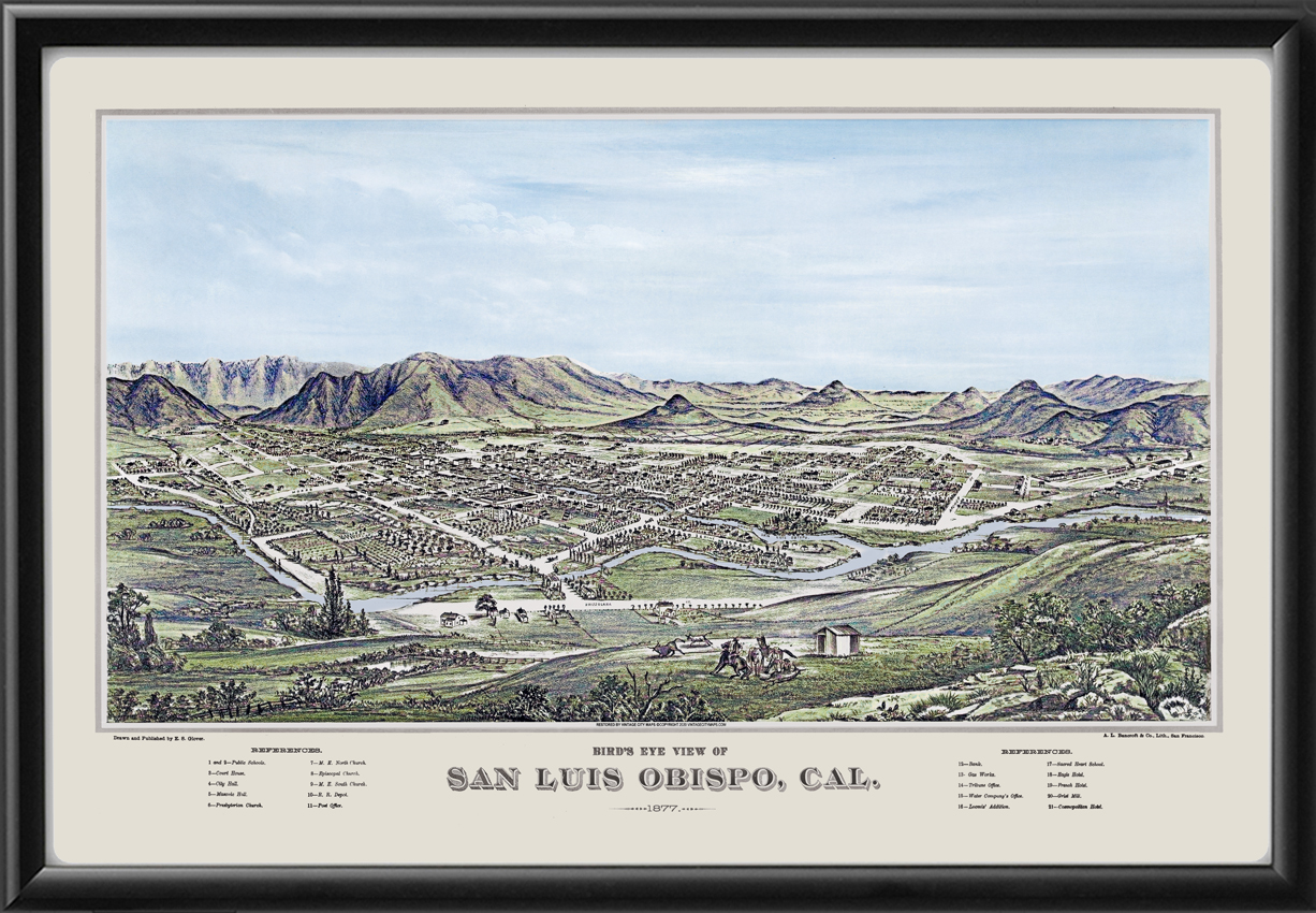 San Luis Obispo CA 1877 Vintage City Maps, Restored City Maps