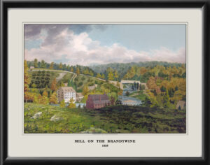 Mill on the Brandywine River DE 1828 watercolor by John Rubens Smith, showing Matthew Newkirk's Mills TM