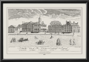 Restored westerly view of the colleges in Cambridge, New England, a drawing by Joseph Chadwick after an engraving by Paul Revere, 1767