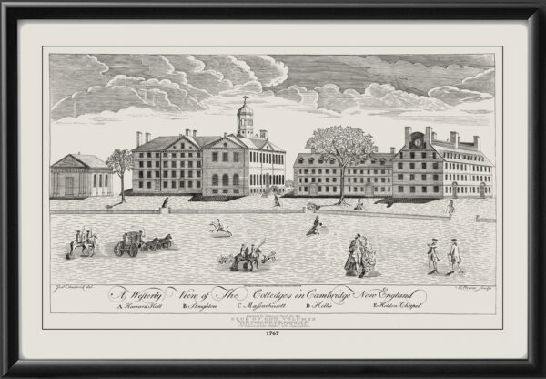 Restored westerly view of the colleges in Cambridge, New England, a drawing by Joseph Chadwick after an engraving by Paul Revere, 1767