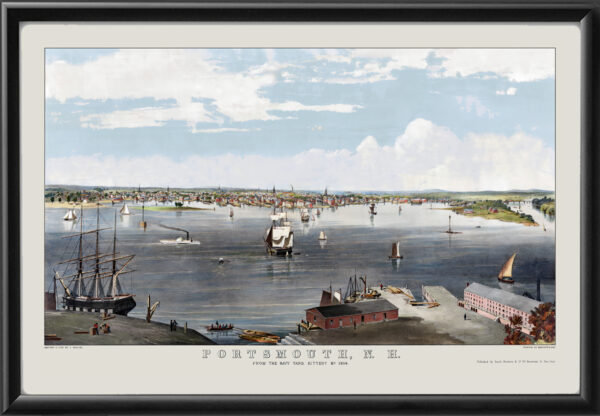 Portsmouth NH from the navy yard Kittery Me. 1854 Charles Parsons TM Birds Eye View Map