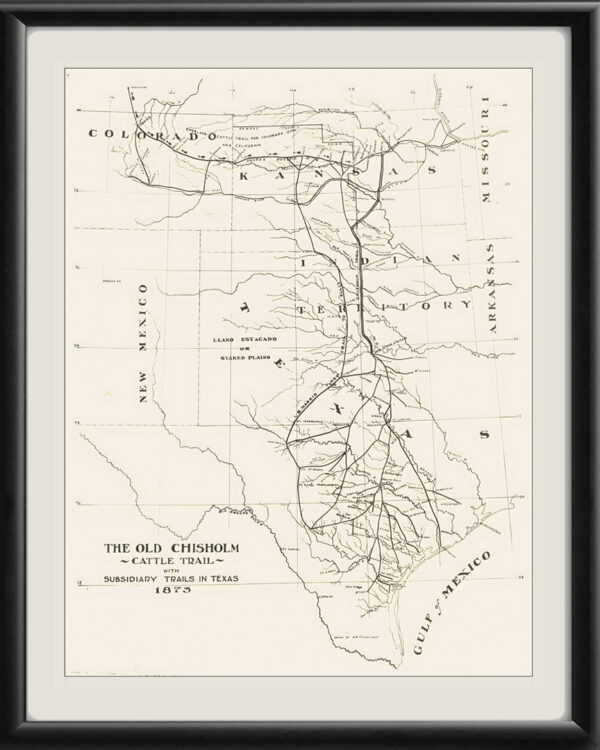 Old Chisholm Trail - Texas-Kansas 1873 Birds Eye View Map
