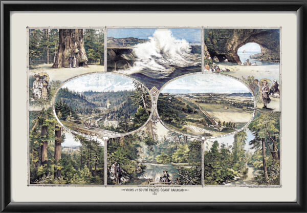 Santa Cruz CA 1882 - Views of the South Pacific Coast Railroad Birds Eye View Map