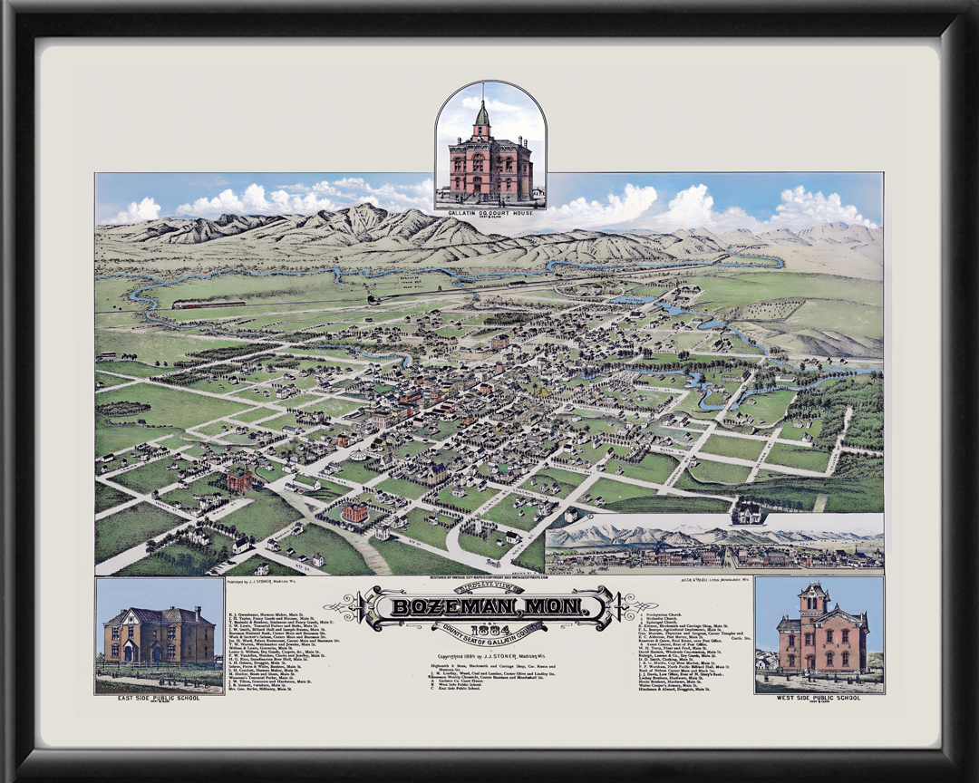 Bozeman MT 1884 (Color) Restored Map Vintage City Maps
